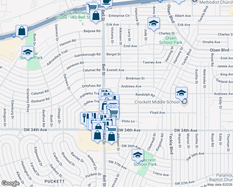 map of restaurants, bars, coffee shops, grocery stores, and more near 5908 Amberwood Lane in Amarillo