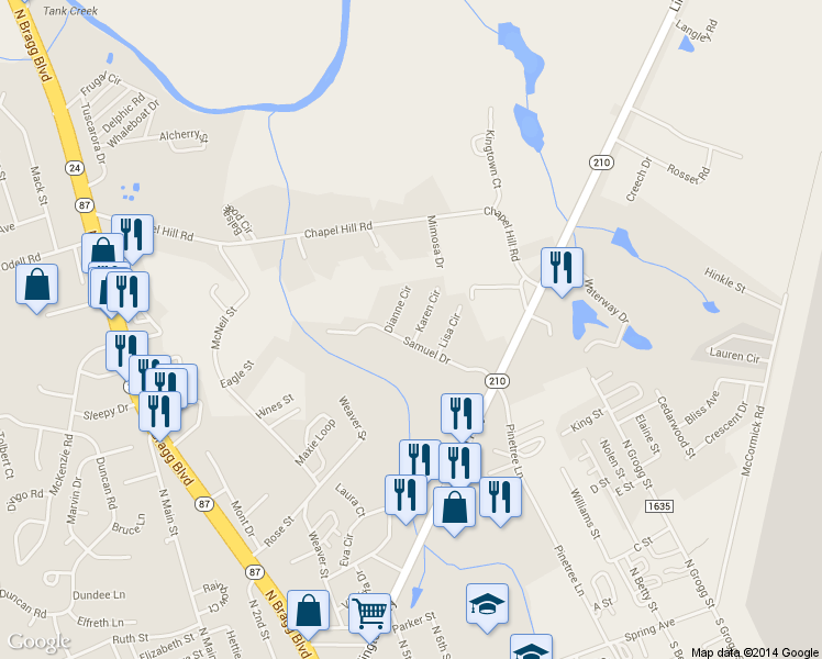 map of restaurants, bars, coffee shops, grocery stores, and more near 1003 Karen Circle in Spring Lake