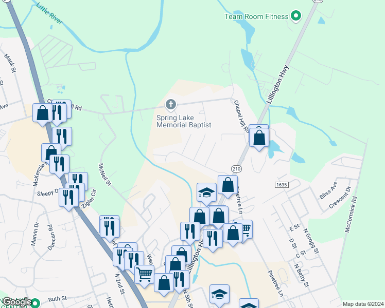 map of restaurants, bars, coffee shops, grocery stores, and more near 1003 Karen Circle in Spring Lake