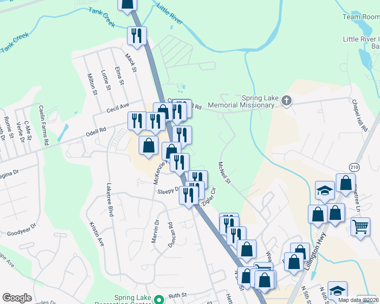 map of restaurants, bars, coffee shops, grocery stores, and more near 1106 Davis Court in Spring Lake