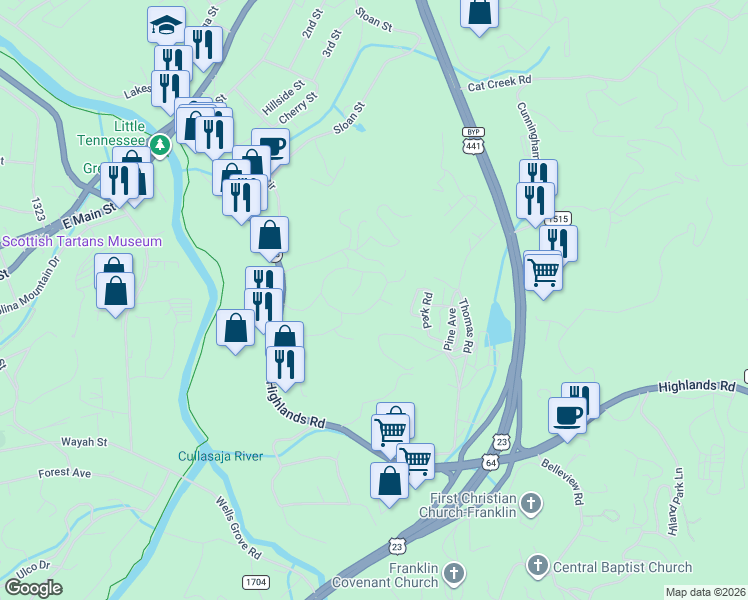 map of restaurants, bars, coffee shops, grocery stores, and more near 191 Tennessee View Street in Franklin