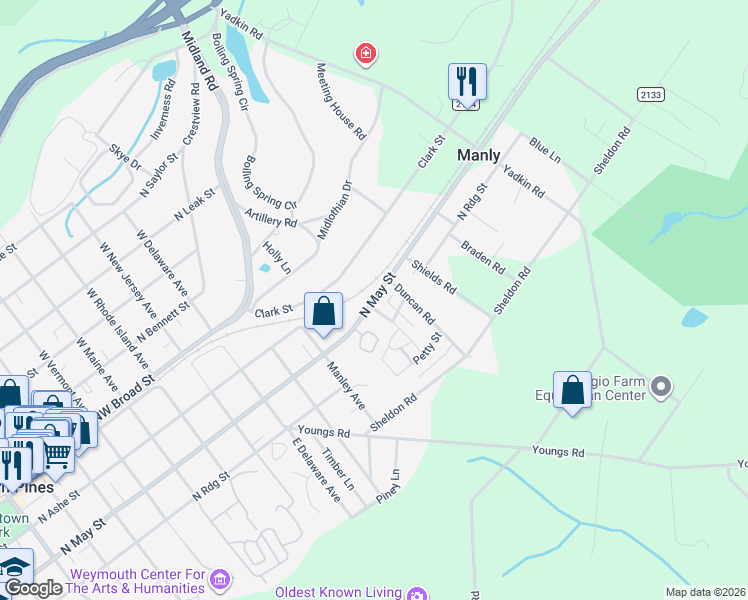 map of restaurants, bars, coffee shops, grocery stores, and more near 1175 North May Street in Southern Pines