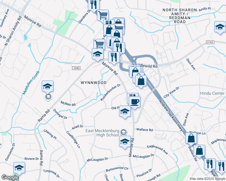 map of restaurants, bars, coffee shops, grocery stores, and more near 2414 Knickerbocker Drive in Charlotte