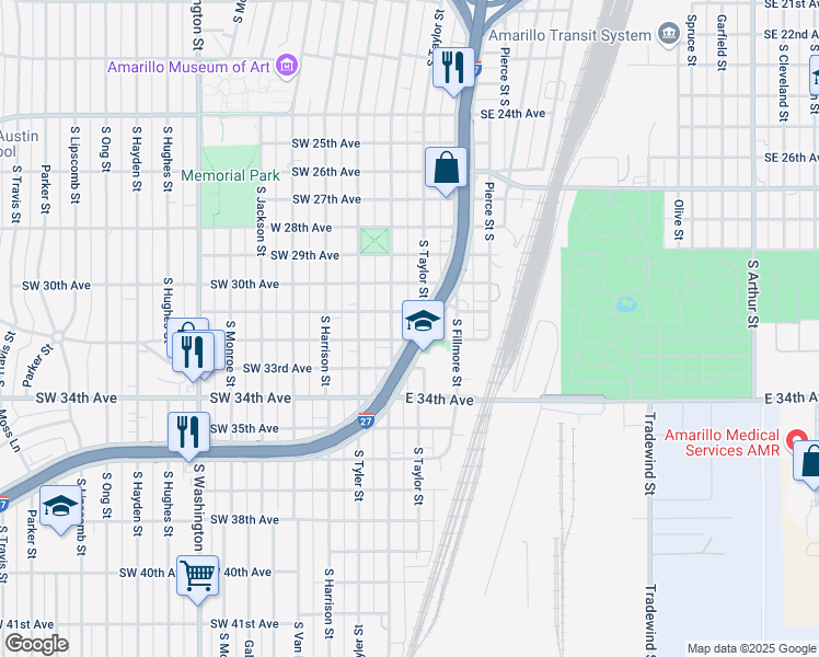 map of restaurants, bars, coffee shops, grocery stores, and more near 3100 South Polk Street in Amarillo