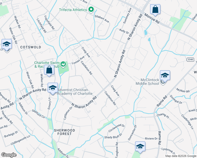 map of restaurants, bars, coffee shops, grocery stores, and more near 4342 Craig Avenue in Charlotte