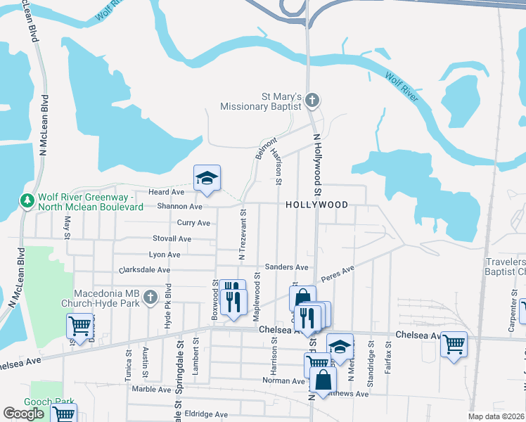 map of restaurants, bars, coffee shops, grocery stores, and more near 1635 Maplewood Street in Memphis