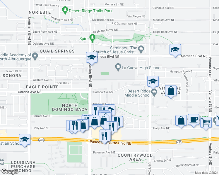 map of restaurants, bars, coffee shops, grocery stores, and more near 8509 Jean Parrish Court in Albuquerque