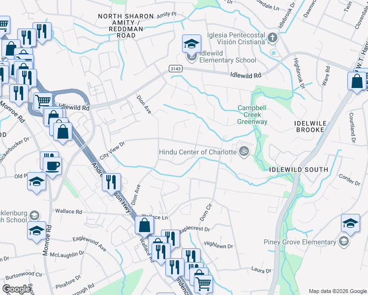 map of restaurants, bars, coffee shops, grocery stores, and more near 7107 City View Drive in Charlotte