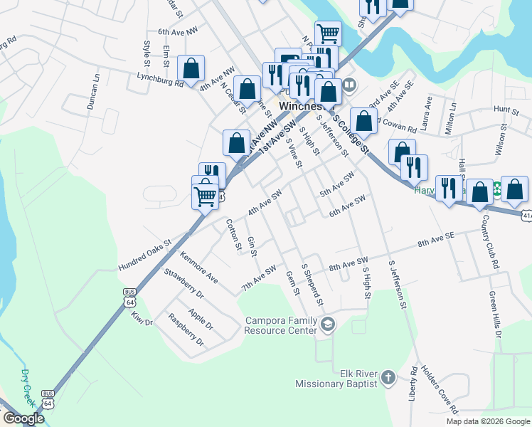 map of restaurants, bars, coffee shops, grocery stores, and more near 503 4th Avenue Southwest in Winchester