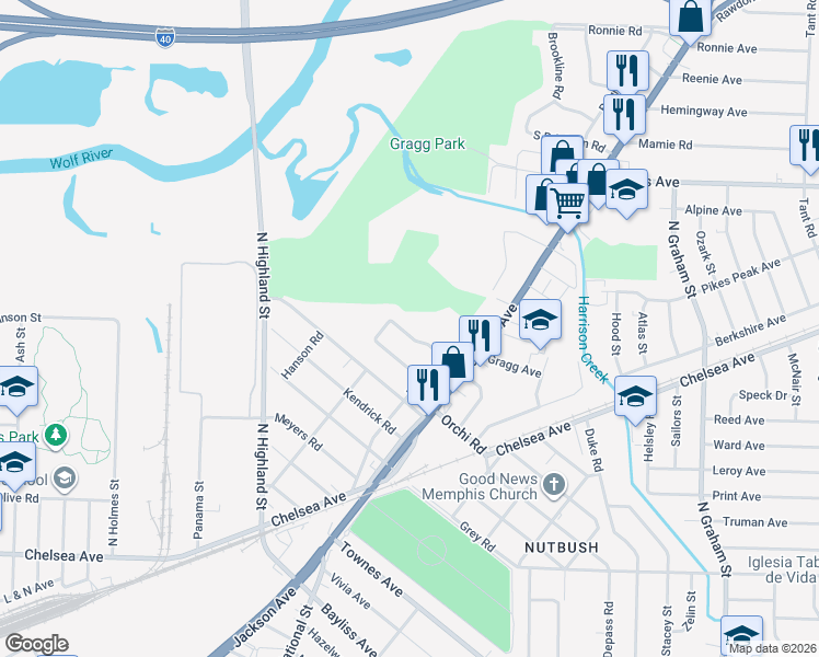 map of restaurants, bars, coffee shops, grocery stores, and more near 3612 North Lloyd Circle in Memphis