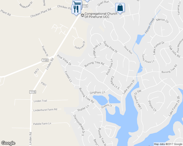 map of restaurants, bars, coffee shops, grocery stores, and more near Pine Vista Drive in Pinehurst