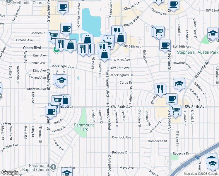 map of restaurants, bars, coffee shops, grocery stores, and more near 3208 Westhaven Drive in Amarillo