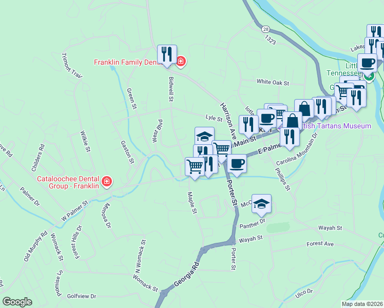 map of restaurants, bars, coffee shops, grocery stores, and more near 291 West Main Street in Franklin