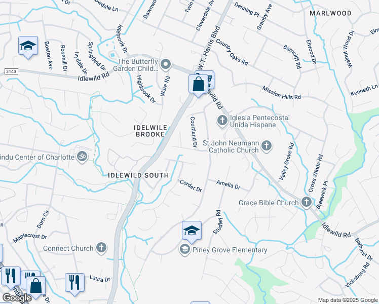 map of restaurants, bars, coffee shops, grocery stores, and more near 7818 Heatherdale Court in Charlotte