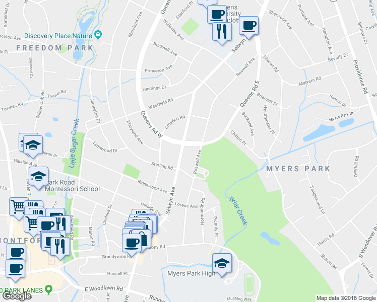 map of restaurants, bars, coffee shops, grocery stores, and more near 2138 Queens Road West in Charlotte