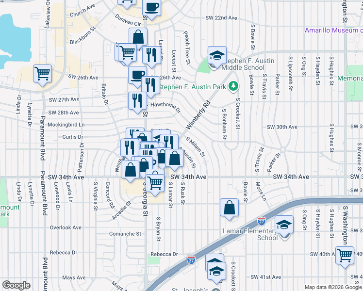 map of restaurants, bars, coffee shops, grocery stores, and more near 3203 South Austin Street in Amarillo