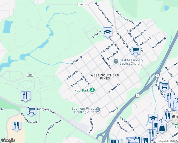 map of restaurants, bars, coffee shops, grocery stores, and more near 600 South Hardin Street in Southern Pines