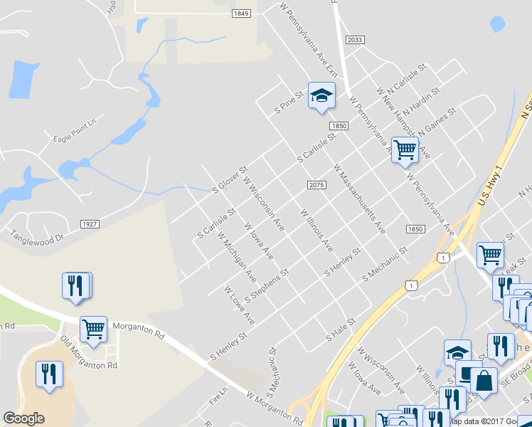 map of restaurants, bars, coffee shops, grocery stores, and more near 600 South Hardin Street in Southern Pines