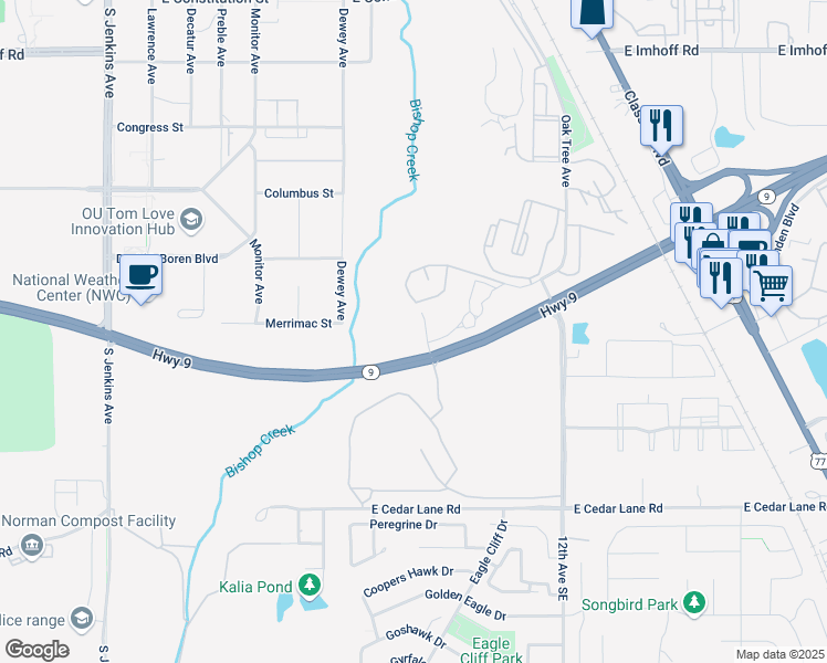 map of restaurants, bars, coffee shops, grocery stores, and more near 3220 Marshall Avenue in Norman