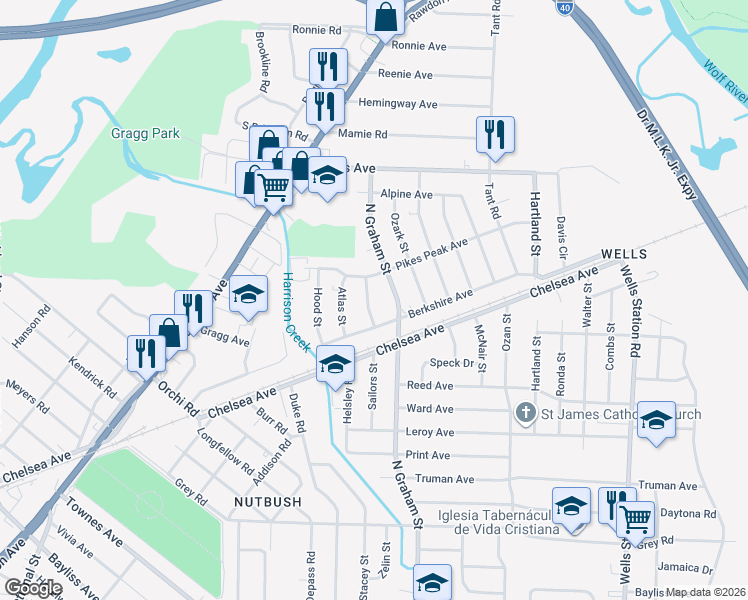 map of restaurants, bars, coffee shops, grocery stores, and more near 1790 Sugarloaf Street in Memphis