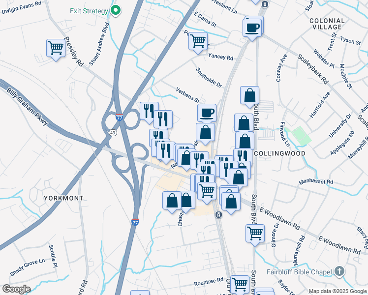map of restaurants, bars, coffee shops, grocery stores, and more near 4700 Nations Crossing Rd in Charlotte