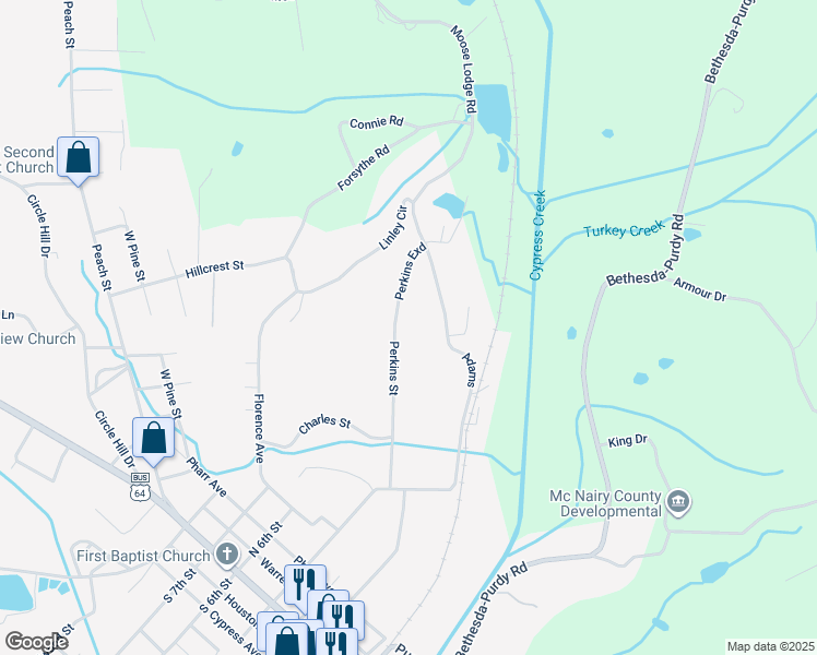 map of restaurants, bars, coffee shops, grocery stores, and more near 131 Perkins Street in Selmer