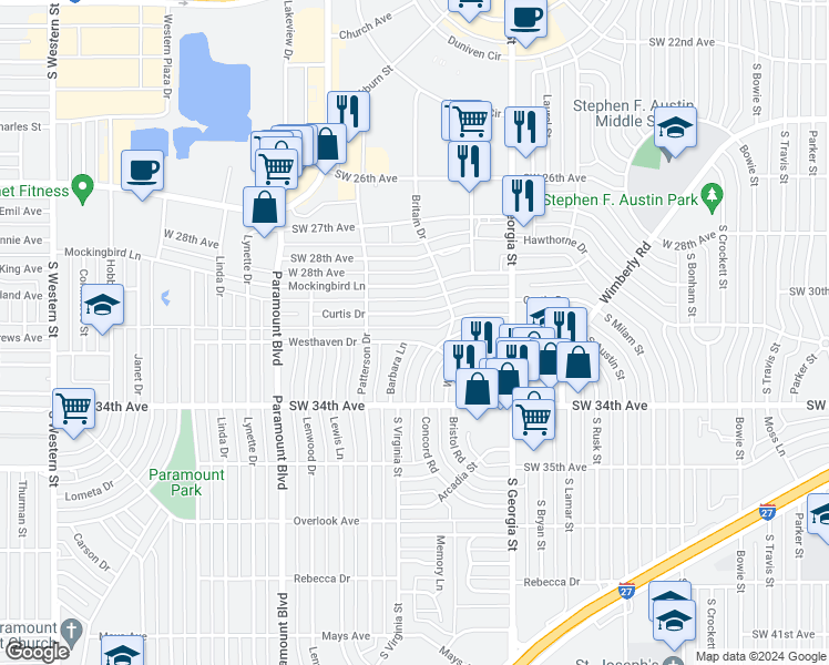 map of restaurants, bars, coffee shops, grocery stores, and more near 3007 Curtis Drive in Amarillo