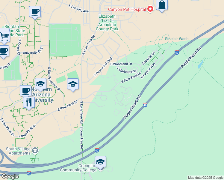 map of restaurants, bars, coffee shops, grocery stores, and more near 937 East Pine Knoll Drive in Flagstaff