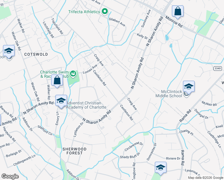 map of restaurants, bars, coffee shops, grocery stores, and more near 4342 Craig Avenue in Charlotte