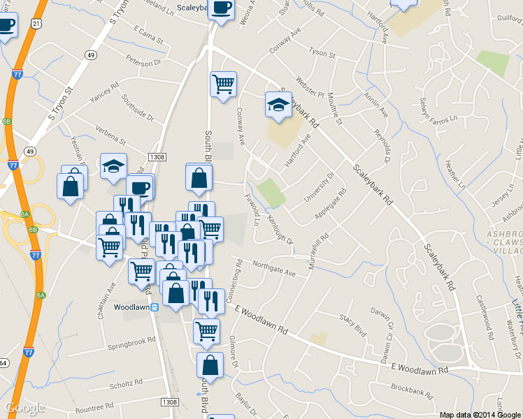 map of restaurants, bars, coffee shops, grocery stores, and more near 4243 Firwood Lane in Charlotte