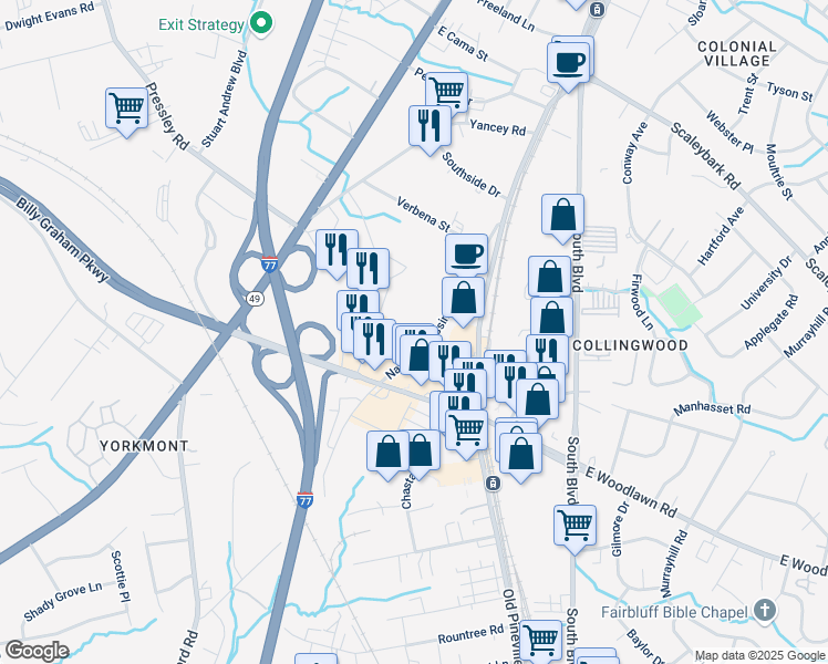 map of restaurants, bars, coffee shops, grocery stores, and more near 4700 Nations Crossing Rd in Charlotte