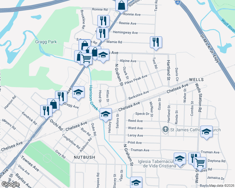 map of restaurants, bars, coffee shops, grocery stores, and more near 1790 Sugarloaf Street in Memphis