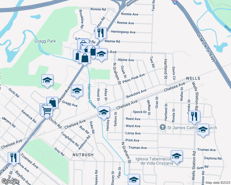 map of restaurants, bars, coffee shops, grocery stores, and more near 1780 Sugarloaf Street in Memphis