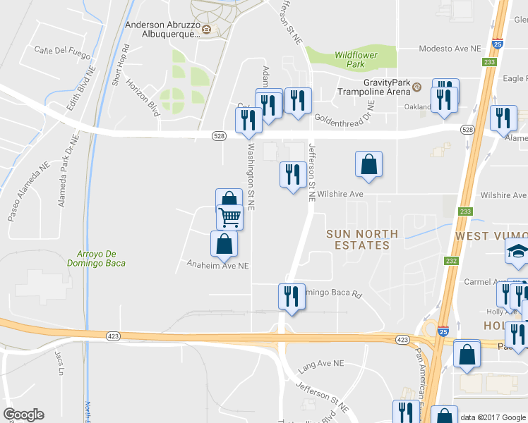 map of restaurants, bars, coffee shops, grocery stores, and more near 8440 Washington Street Northeast in Albuquerque