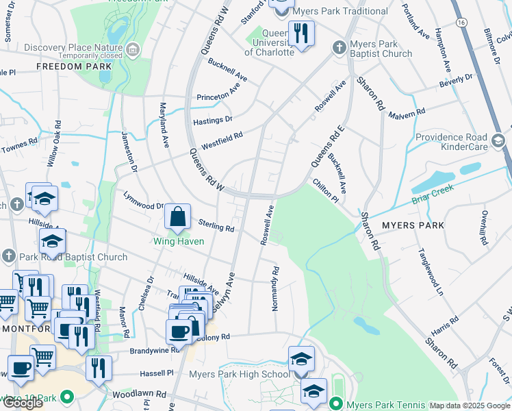 map of restaurants, bars, coffee shops, grocery stores, and more near 2128 Queens Road West in Charlotte