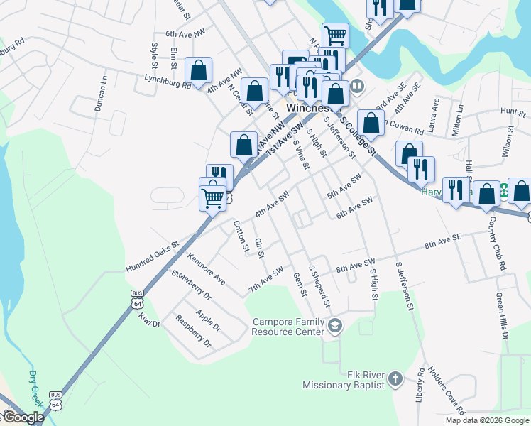 map of restaurants, bars, coffee shops, grocery stores, and more near 503 4th Avenue Southwest in Winchester