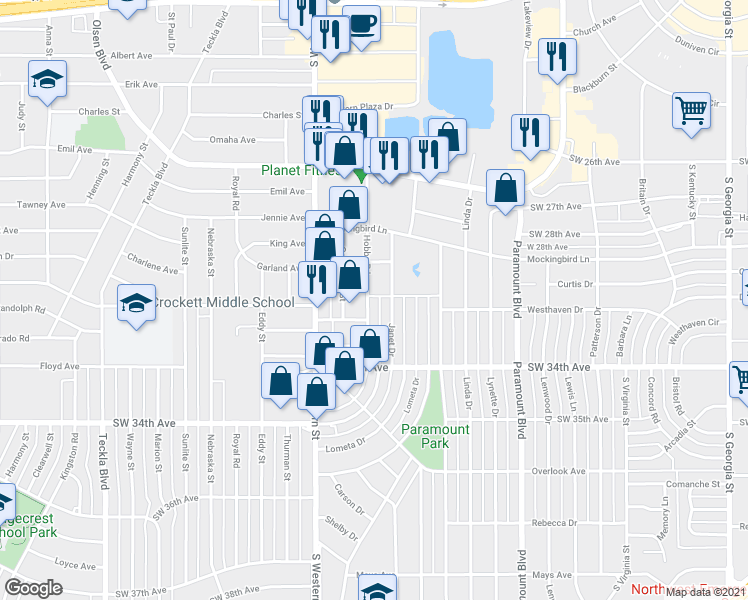 map of restaurants, bars, coffee shops, grocery stores, and more near 3301 Hobbs Road in Amarillo