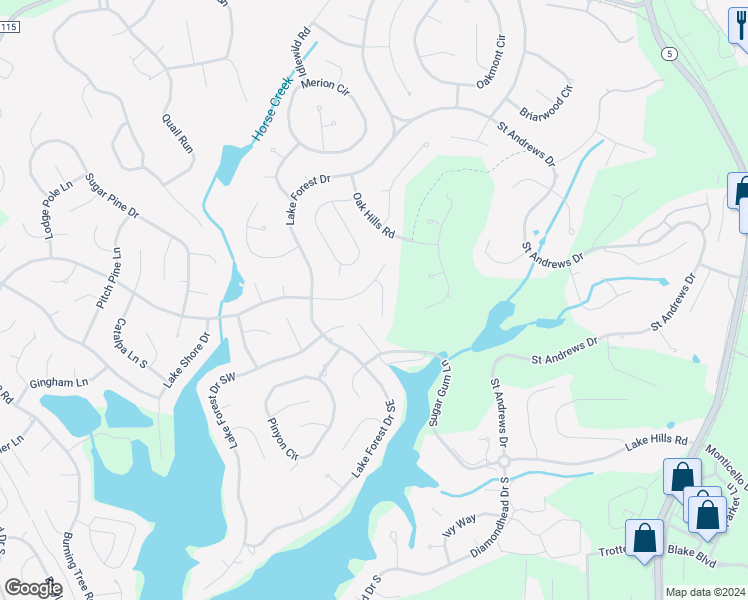 map of restaurants, bars, coffee shops, grocery stores, and more near 25 Firestone Lane in Pinehurst