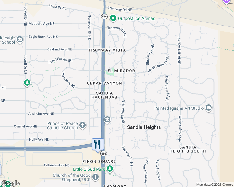 map of restaurants, bars, coffee shops, grocery stores, and more near 785 Tramway Lane Northeast in Albuquerque