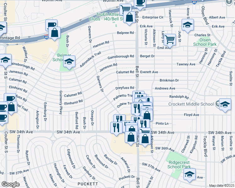 map of restaurants, bars, coffee shops, grocery stores, and more near 6100 Palmetto Trail in Amarillo