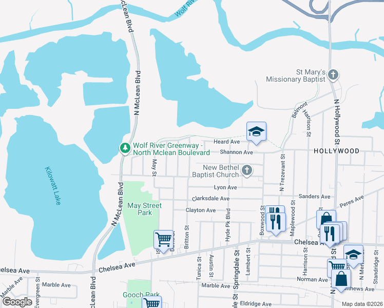 map of restaurants, bars, coffee shops, grocery stores, and more near 1630 Davis Street in Memphis