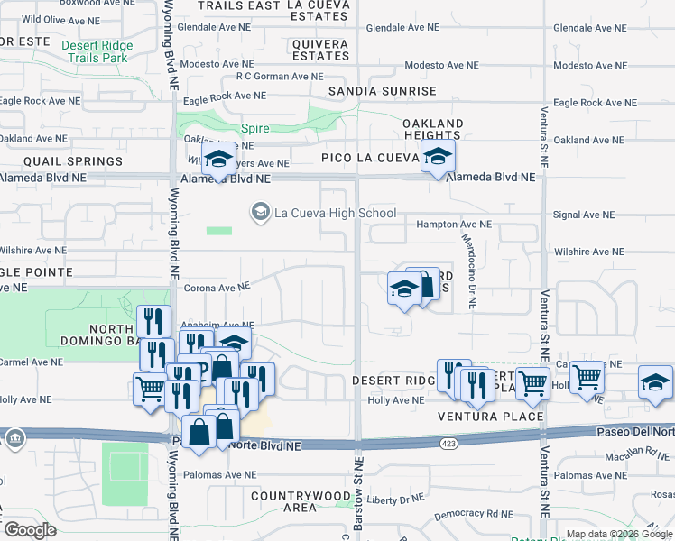 map of restaurants, bars, coffee shops, grocery stores, and more near 8441 Joseph Sharp Street Northeast in Albuquerque