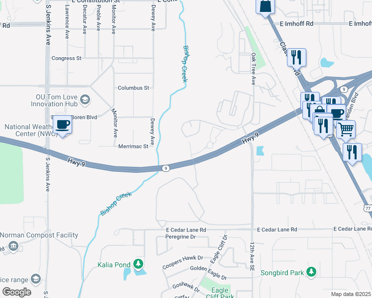 map of restaurants, bars, coffee shops, grocery stores, and more near 3220 Marshall Avenue in Norman