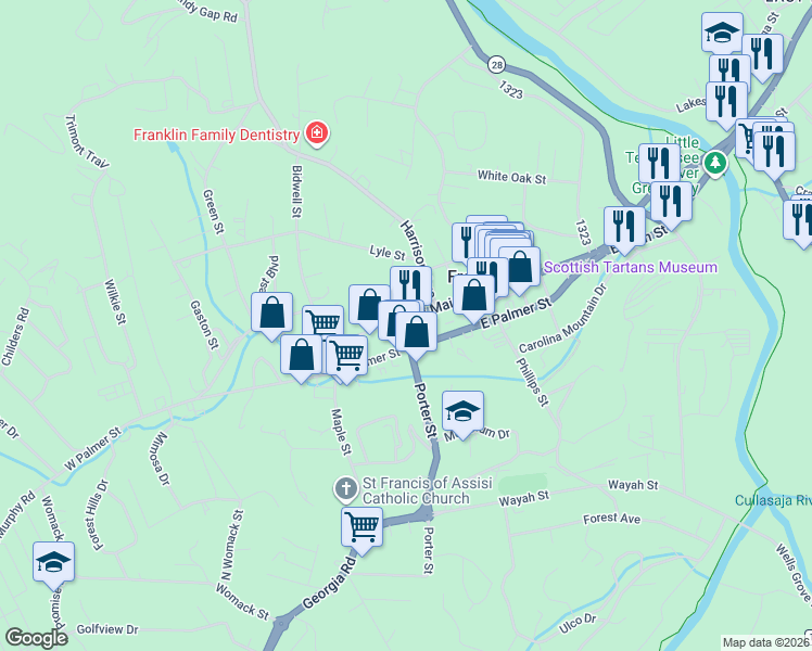 map of restaurants, bars, coffee shops, grocery stores, and more near 301-325 W Main St in Franklin