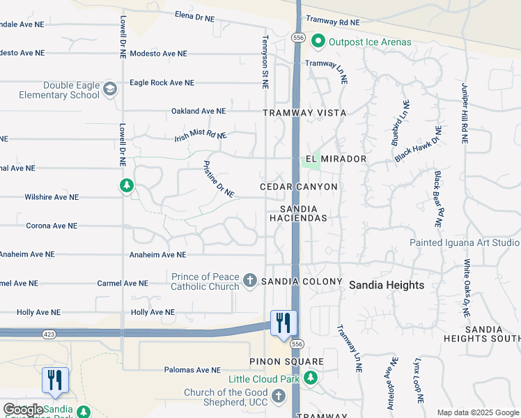 map of restaurants, bars, coffee shops, grocery stores, and more near 7311 New Dawn Court Northeast in Albuquerque