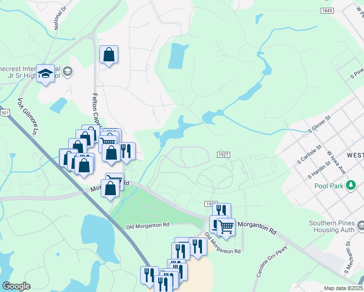 map of restaurants, bars, coffee shops, grocery stores, and more near 19 Tanglewood Drive in Southern Pines