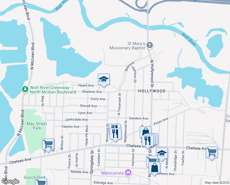 map of restaurants, bars, coffee shops, grocery stores, and more near 2289 Shannon Avenue in Memphis