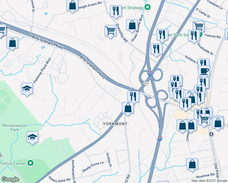 map of restaurants, bars, coffee shops, grocery stores, and more near 710 Yorkmont Road in Charlotte