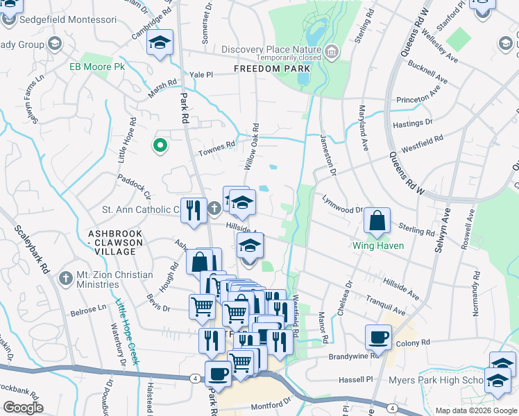 map of restaurants, bars, coffee shops, grocery stores, and more near in Charlotte