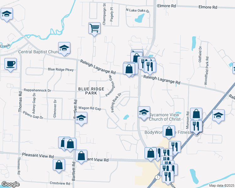 map of restaurants, bars, coffee shops, grocery stores, and more near 5664 Falling Bark Drive in Memphis